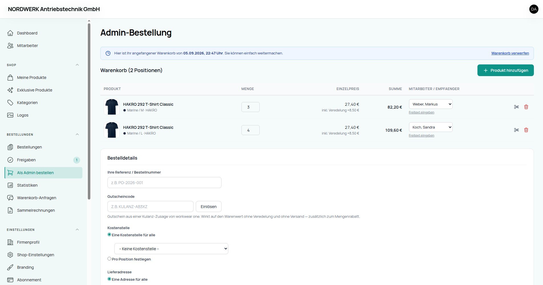 Seite „Als Admin bestellen“ mit Zuordnung je Mitarbeiter