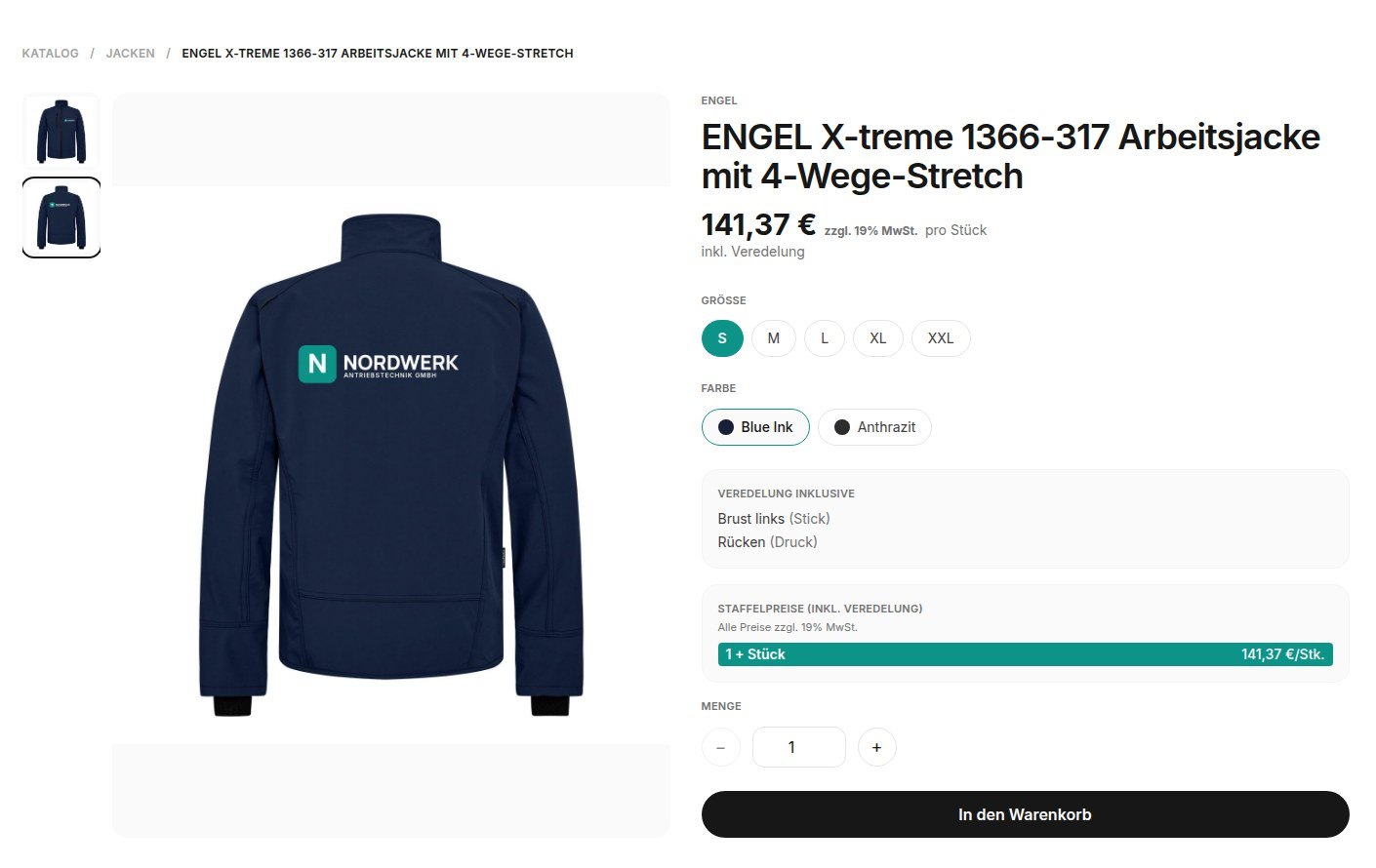 Artikelseite: Rückseite der Arbeitsjacke mit Logo auf dem Rücken