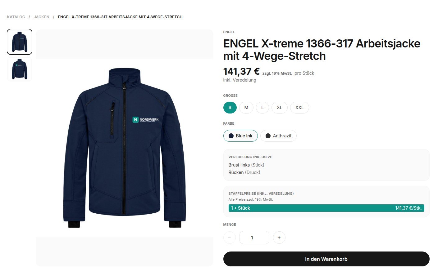 Artikelseite: Vorderseite der Arbeitsjacke mit Logo auf der Brust