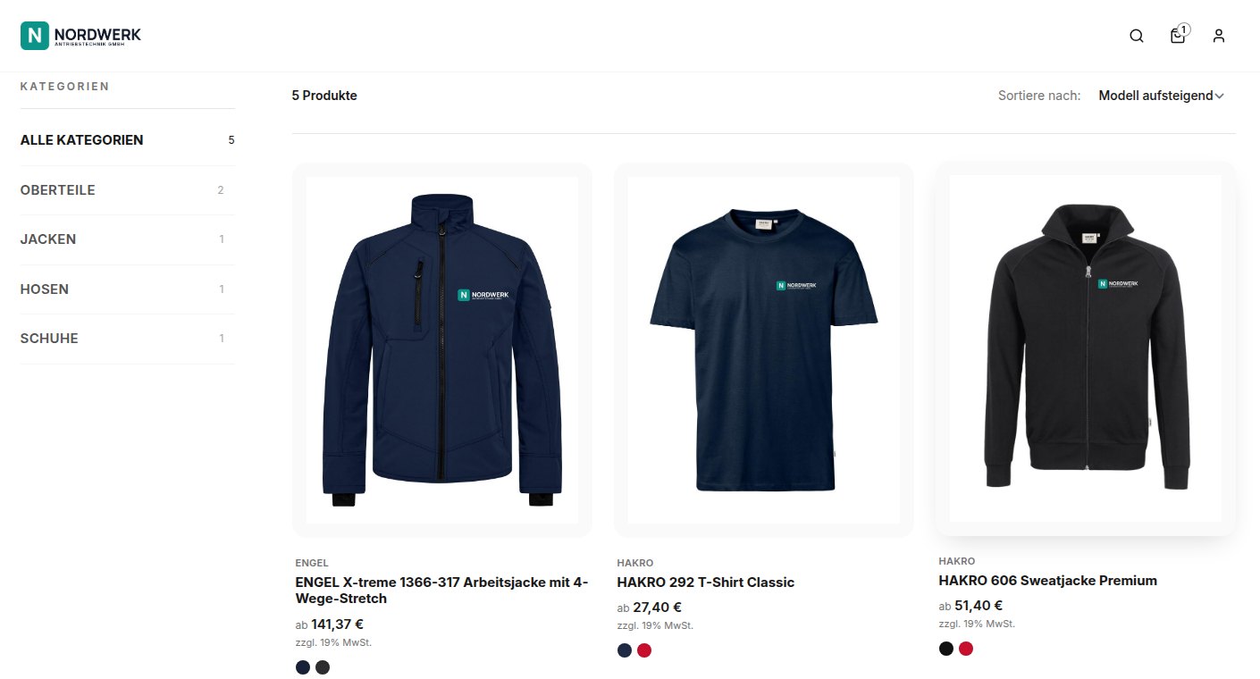 Shop-Ansicht mit Kategorien und Artikeln mit Firmenlogo