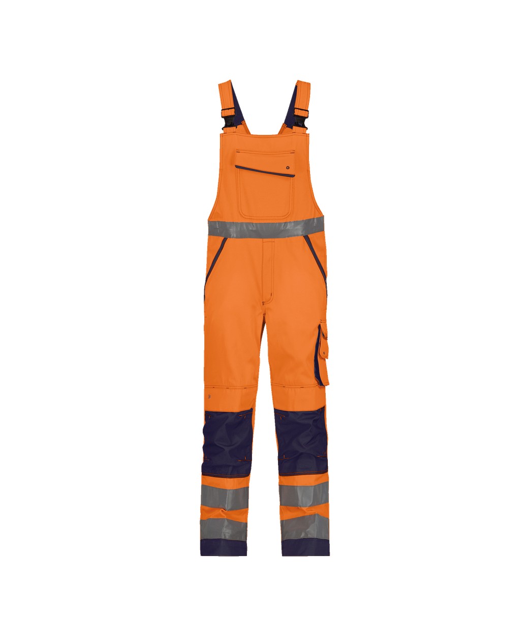 Warnschutz Latzhose mit Kniepolstertaschen "DASSY® Malmedy" in NEONORANGE/DUNKELBLAU, Größe 58 - langer Schritt PESCO74