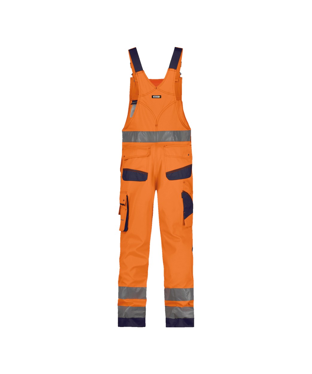 Warnschutz Latzhose mit Kniepolstertaschen "DASSY® Malmedy" in NEONORANGE/DUNKELBLAU, Größe 58 - langer Schritt PESCO74