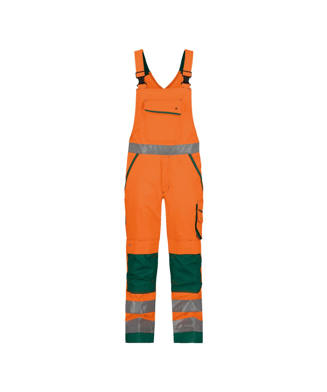 Warnschutz Latzhose mit Kniepolstertaschen "DASSY® Malmedy" in NEONORANGE/FLASCHENGRÜN, Größe 58 - langer Schritt PESCO74