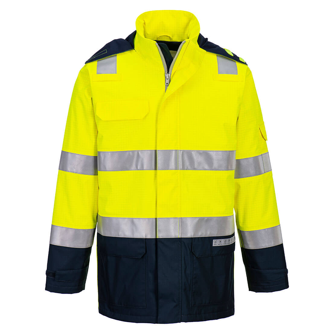 Bizflame Regen+ leichte Warnschutz Jacke Lichtbogen Schutz  FR605 in Gelb / Navy, Größe M von Portwest