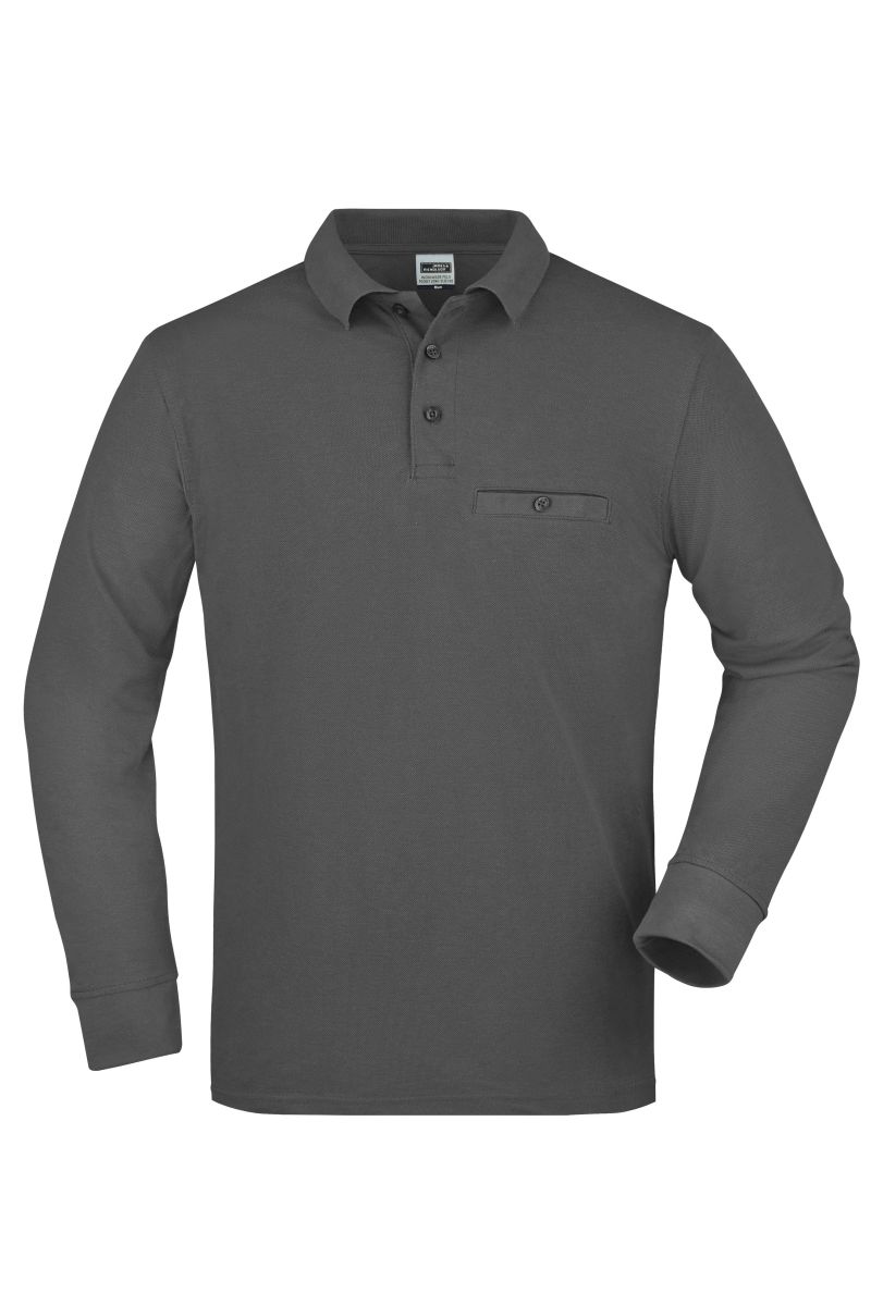 JN866 Herren Workwear Polo Pocket Longsleeve in Dark-Grey, Größe S von James & Nicholson