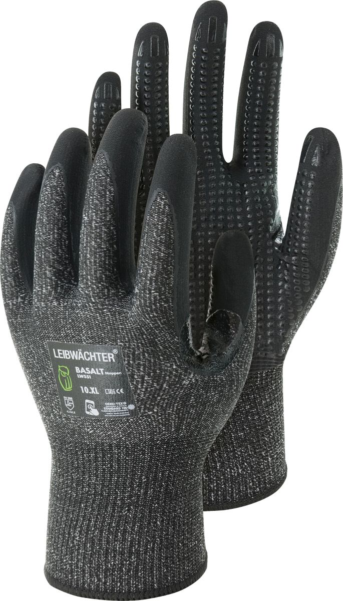 Nylon-Elasthan-Handschuh mit Nitril-Beschichtung LW551 "Basalt Noppen" in Schwarz-meliert Gr. 9 - Leibwächter
