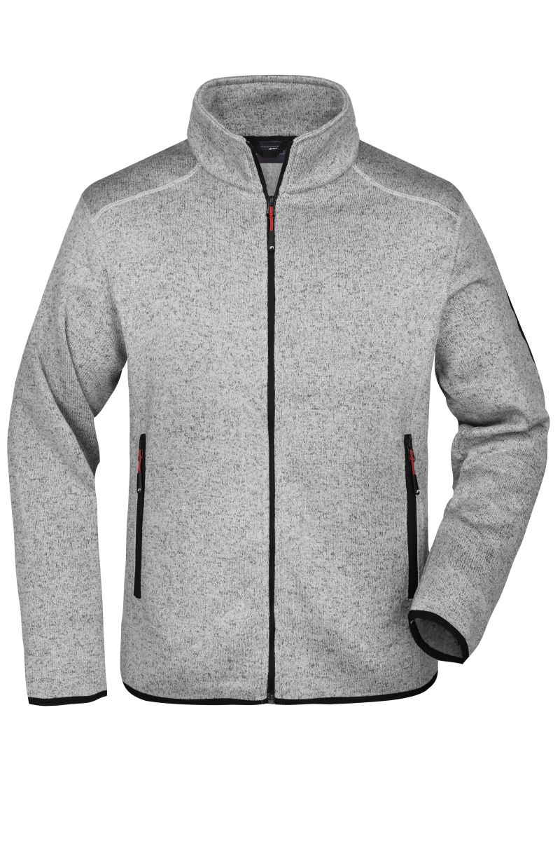 JN762 Herren Knitted Fleece Jacke in Light-Grey-Melange / Red, Größe XL von James & Nicholson