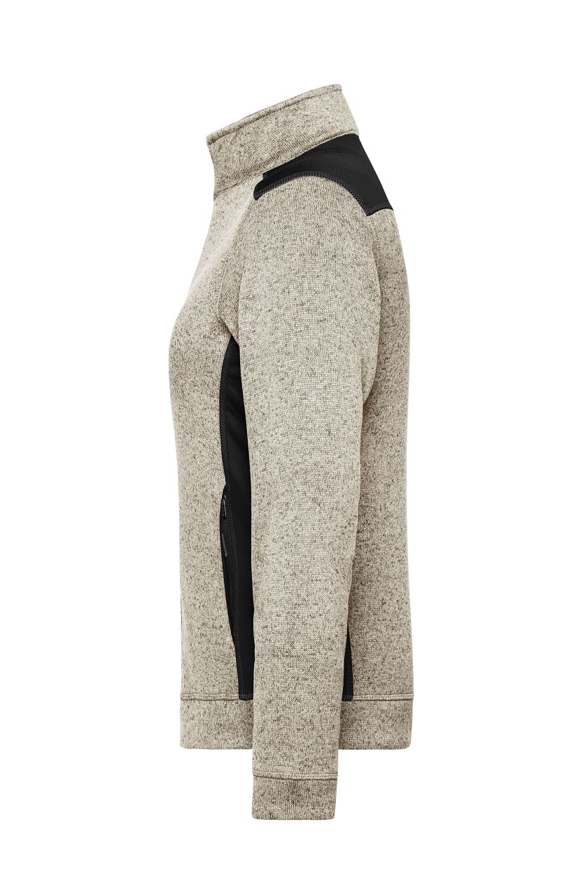 Ladies' Knitted Workwear Fleece Jacket - STRONG - "JN861" in Stone-Melange/Black, Größe 4XL - Daiber