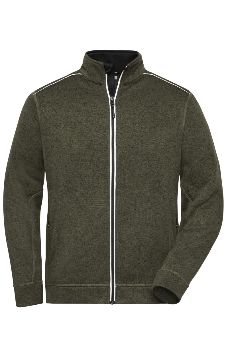 JN898 Herren Knitted Workwear Fleece Jacke - SOLID - in Olive-Melange / Black, Größe XL von James & Nicholson