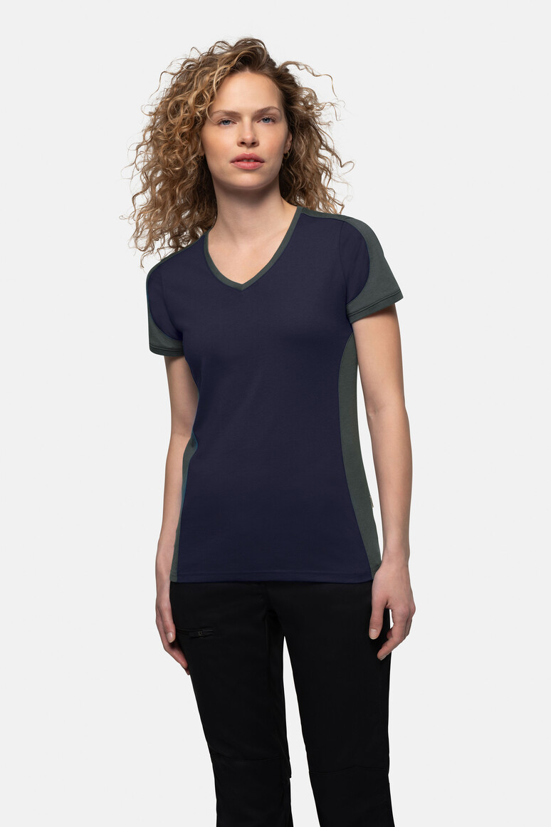 HAKRO 190 Damen V-Shirt Contrast MIKRALINAR® in Tinte/Anthrazit, Größe M