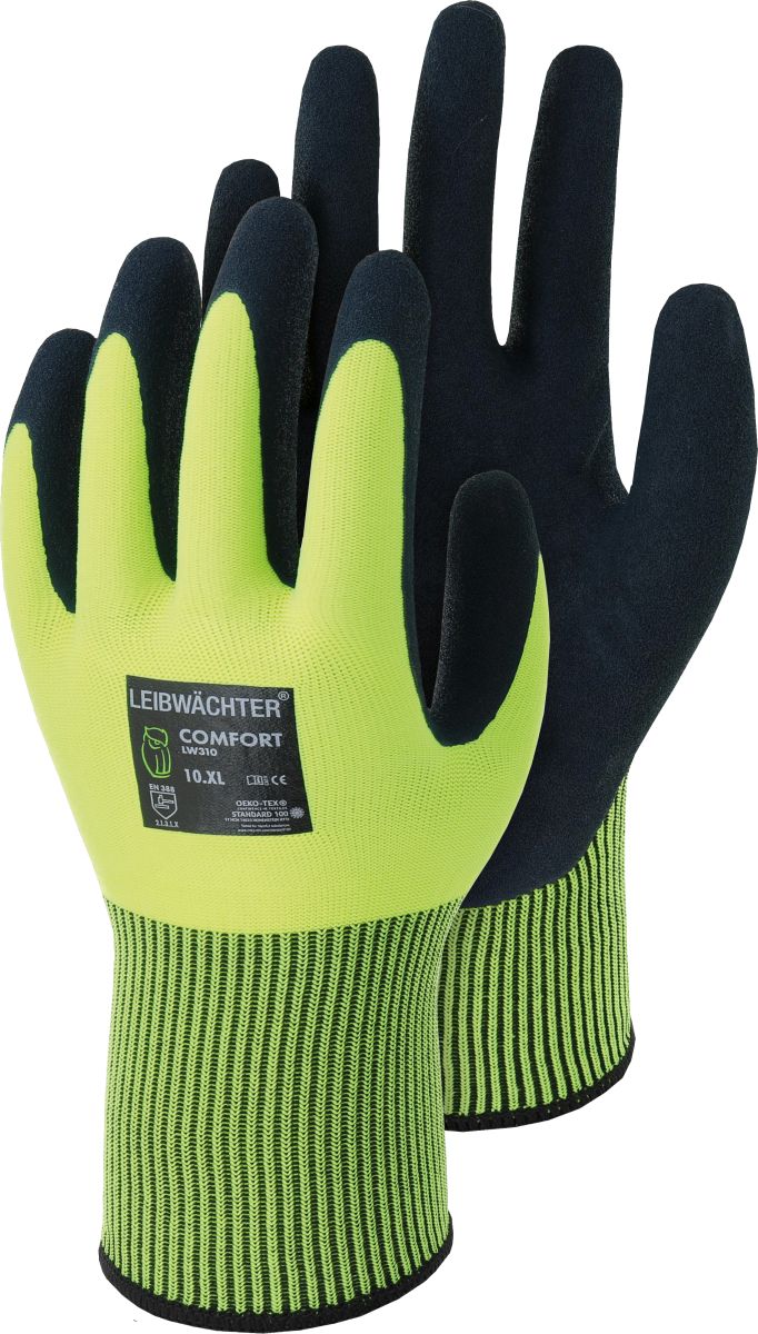 Polyester-Handschuh mit Latex-Beschichtung LW310 "Comfort" (Einzelverpackung) in Leuchtgelb Gr. 9 - Leibwächter