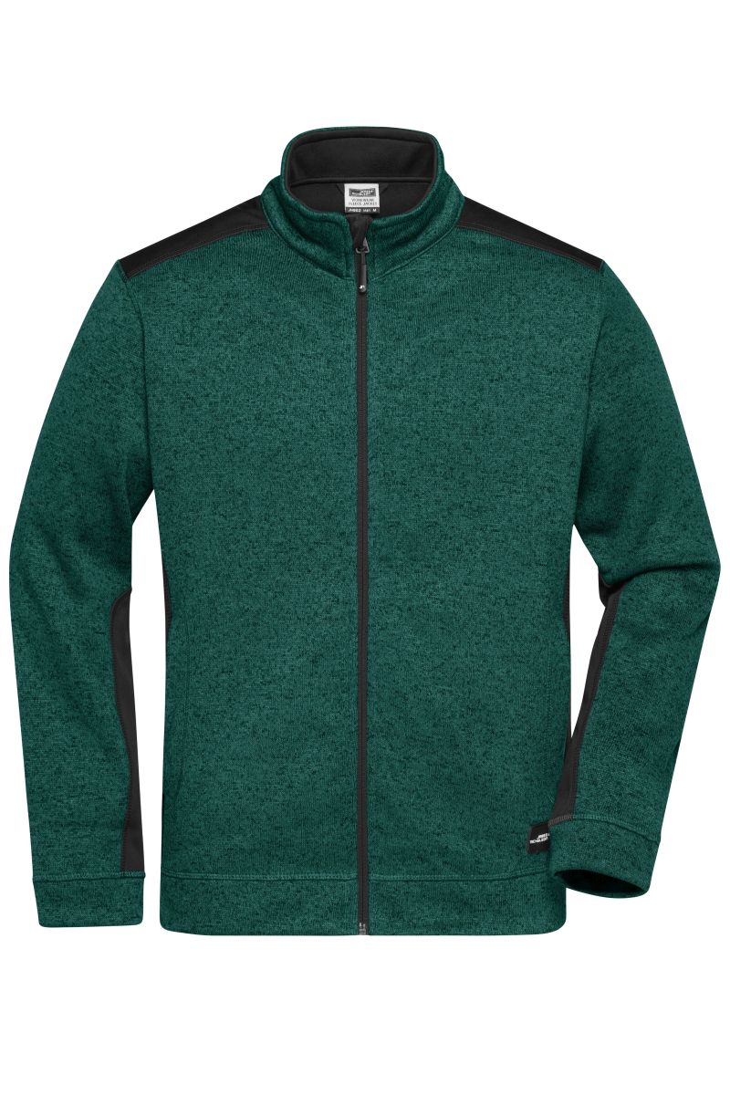 JN862 Herren Knitted Workwear Fleece Jacke - STRONG - in Dark-Green-Melange / Black, Größe XS von James & Nicholson