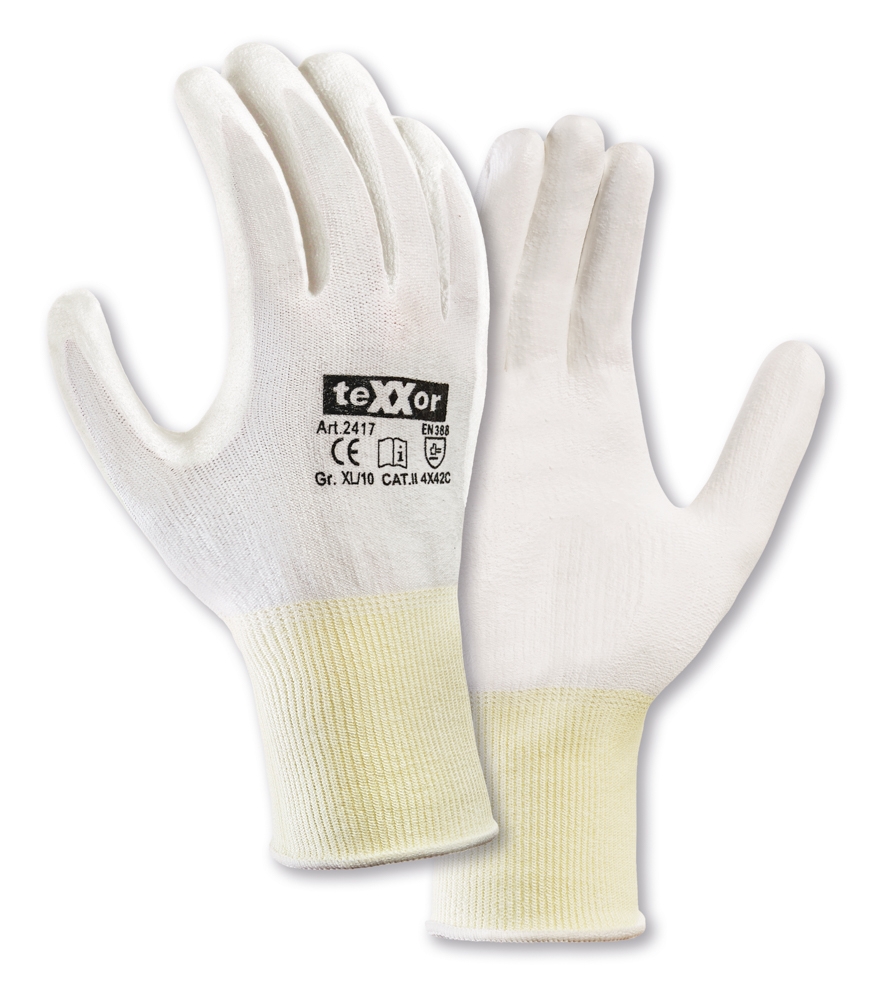 teXXor® Schnittschutz-Strickhandschuhe PU-BESCHICHTUNG in Weiß, Größe 11