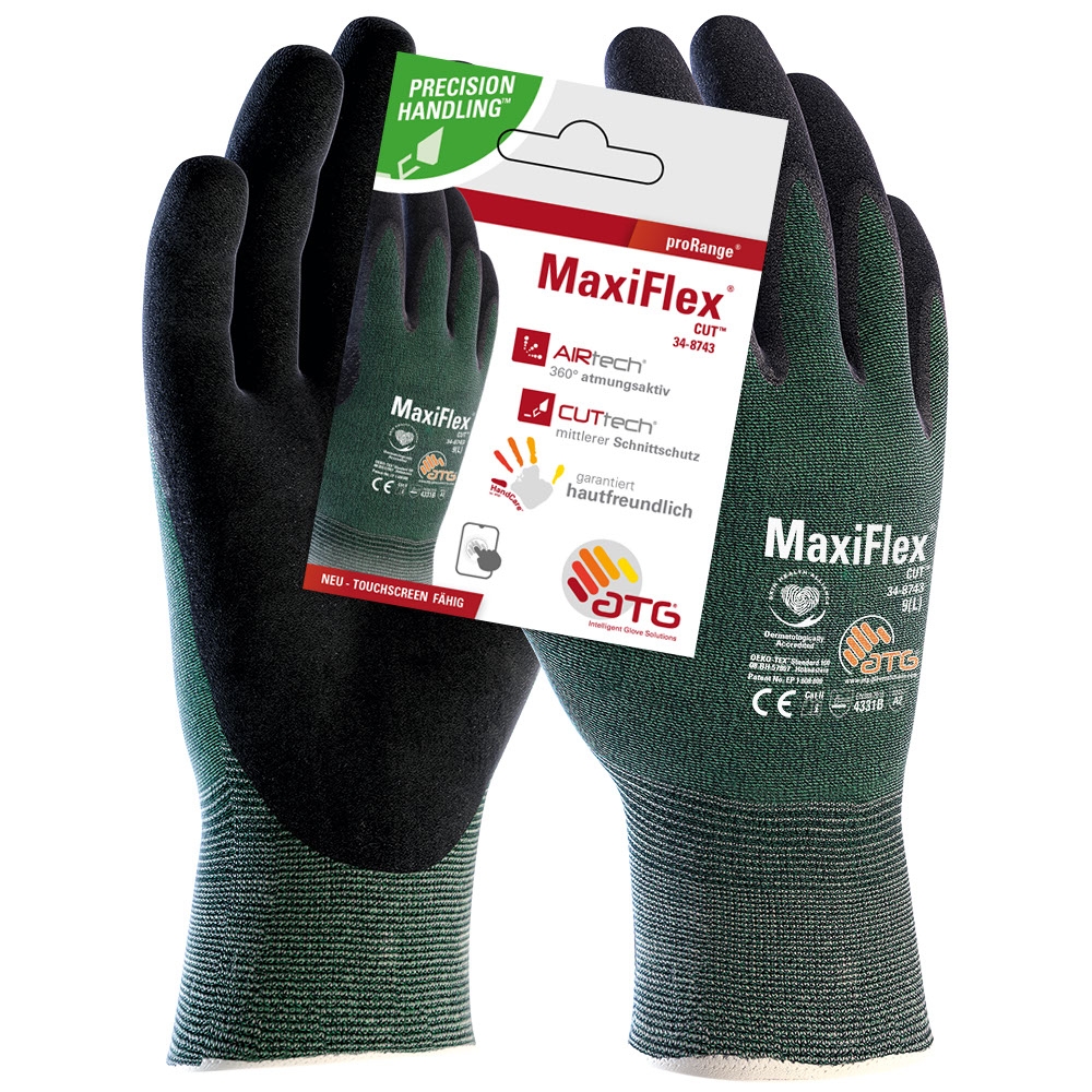 MaxiFlex® Cut™ Nylon-Strickhandschuhe (34-8743 HCT), SB-Verpackung in Grün, Größe 7