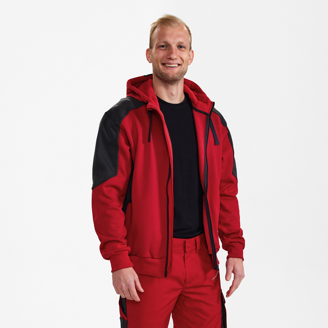 ENGEL Galaxy Sweatcardigan mit Kapuze in Tomato Red/Anthrazit Grau, Größe XS