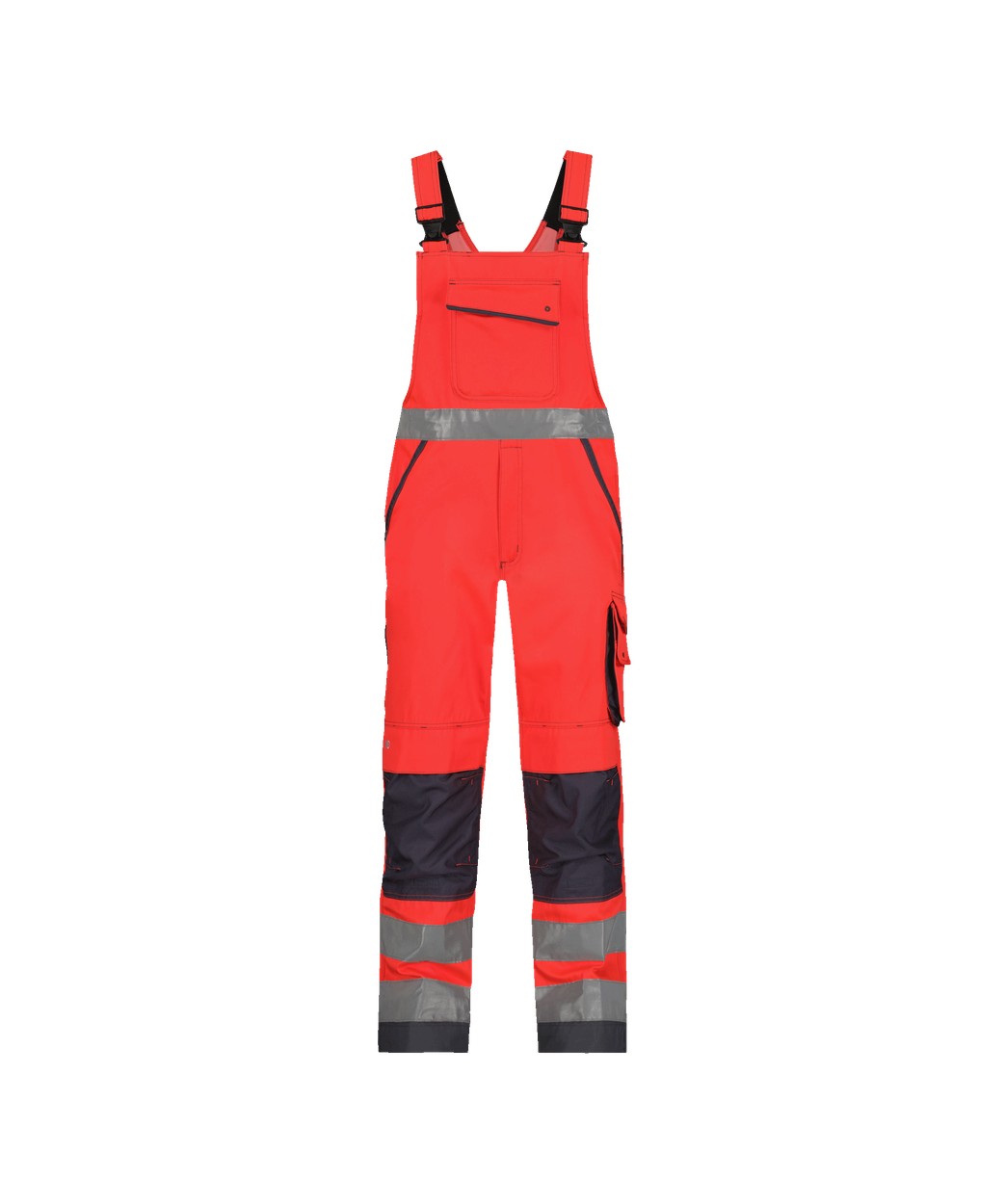 Warnschutz Latzhose mit Kniepolstertaschen "DASSY® Malmedy" in NEONROT/ZEMENTGRAU, Größe 58 - langer Schritt PESCO74