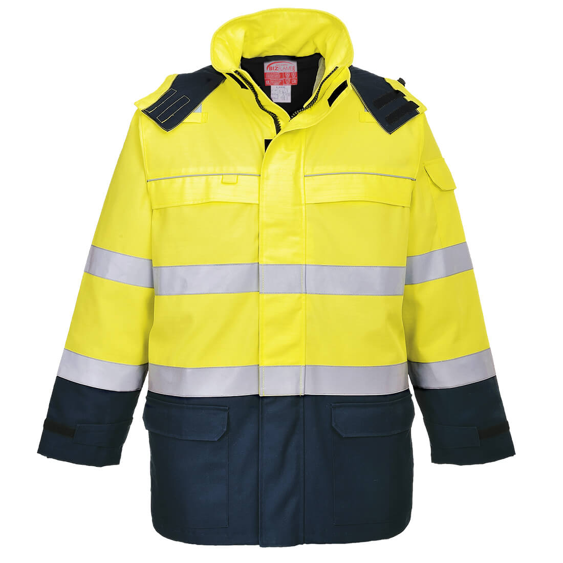 Bizflame Rain+ Warnschutz Jacke mit Lichtbogenschutz FR79 in Gelb / Navy, Größe M von Portwest