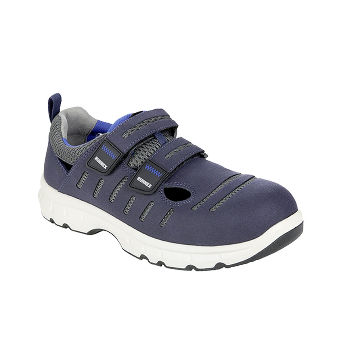 RUNNEX® S1P-ESD-Sicherheitsklettsandalen FlexStar in Blau / Weiß / Grau, Gr. 48