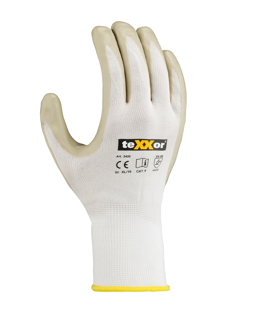 teXXor® Nylon-Strickhandschuhe NITRIL BESCHICHTET in Weiß, Größe 10