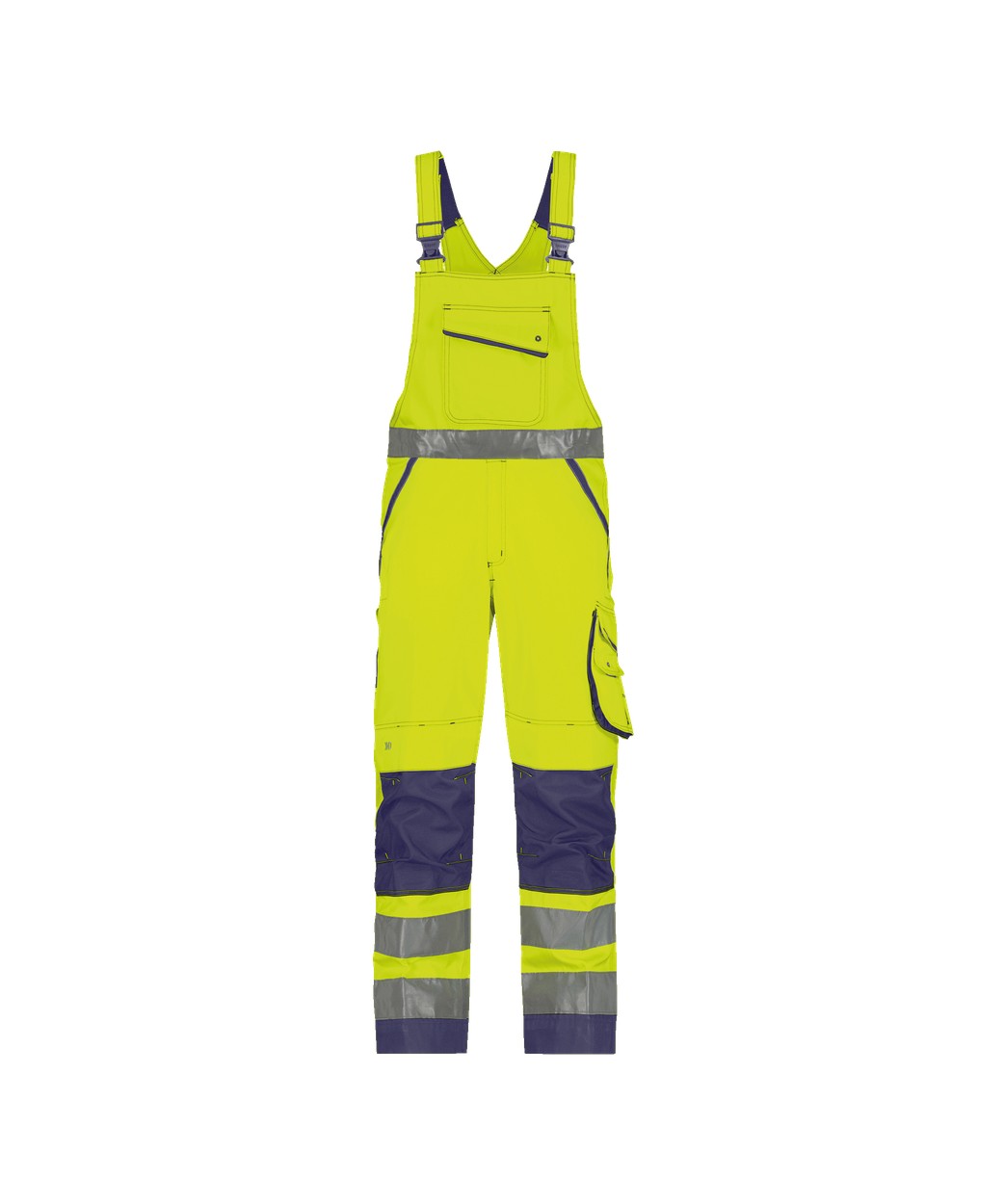 Warnschutz Latzhose mit Kniepolstertaschen "DASSY® Malmedy" in NEONGELB/DUNKELBLAU, Größe 58 - langer Schritt PESCO74