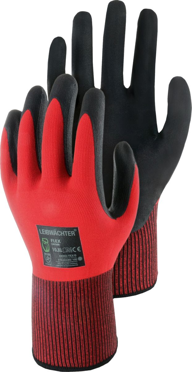 12er Pack Nylon-Handschuh mit Nitril-Beschichtung LW500 "Flex" in Rot Gr. 9 - Leibwächter