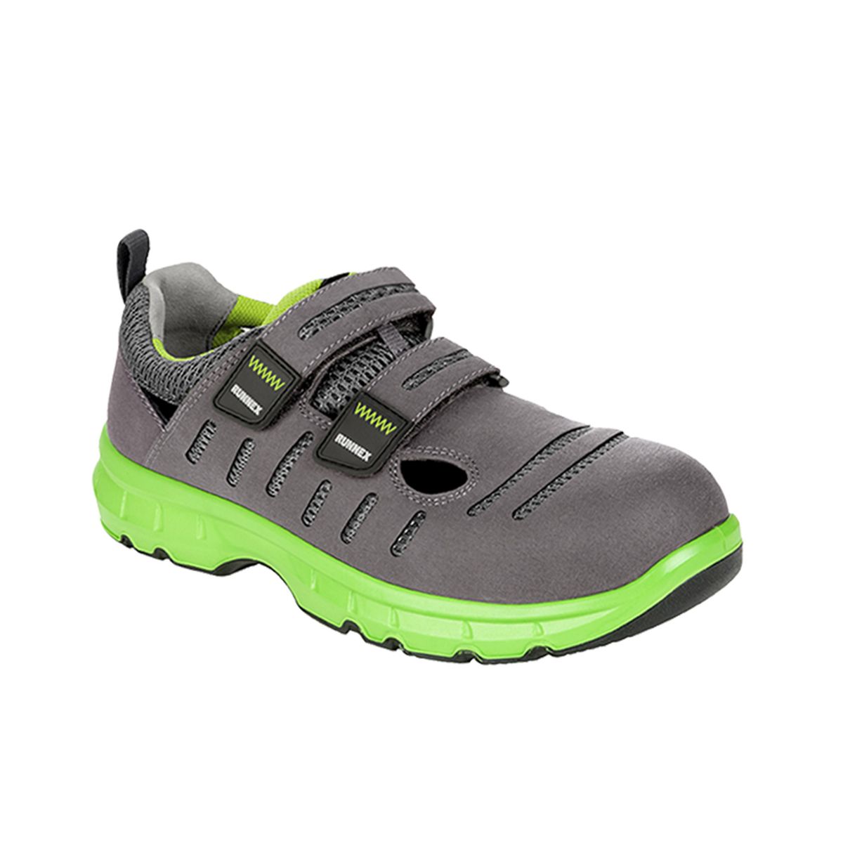 RUNNEX® S1P-ESD-Sicherheitsklettsandalen FlexStar in Grau / Grün, Gr. 48