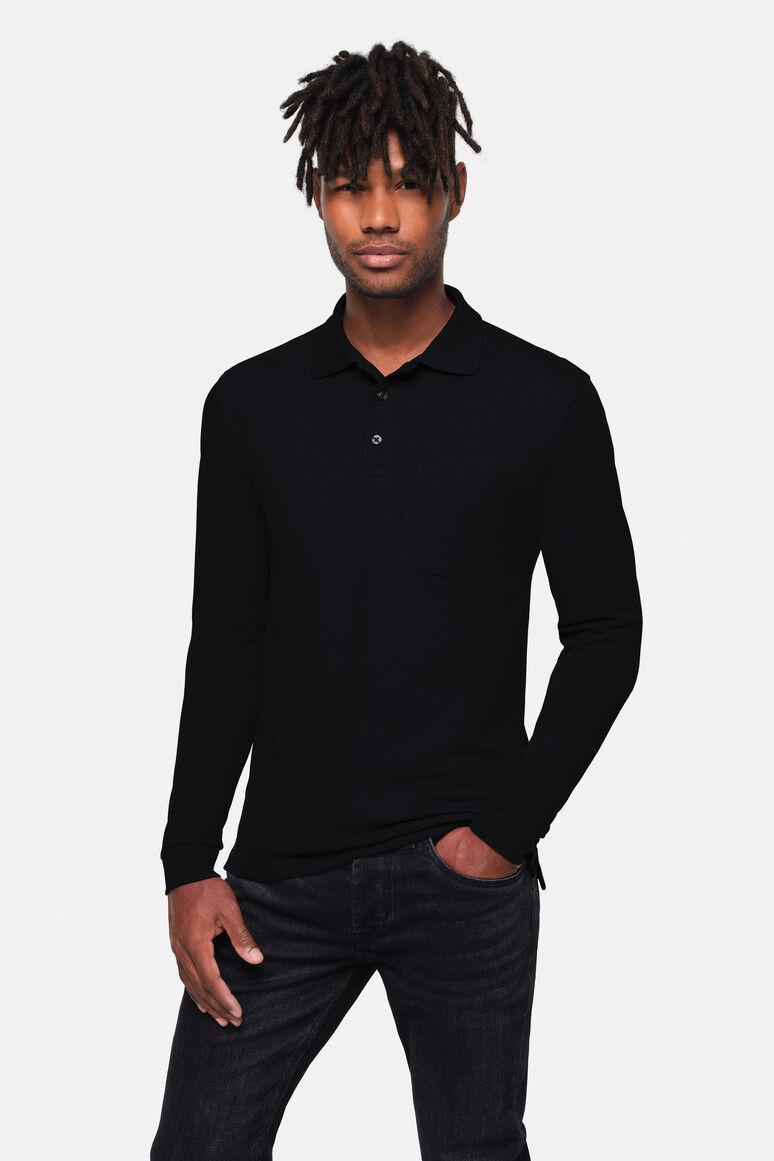 HAKRO 817 Pocket-Longsleeve-Polo MIKRALINAR® ECO in Schwarz, Größe 6XL