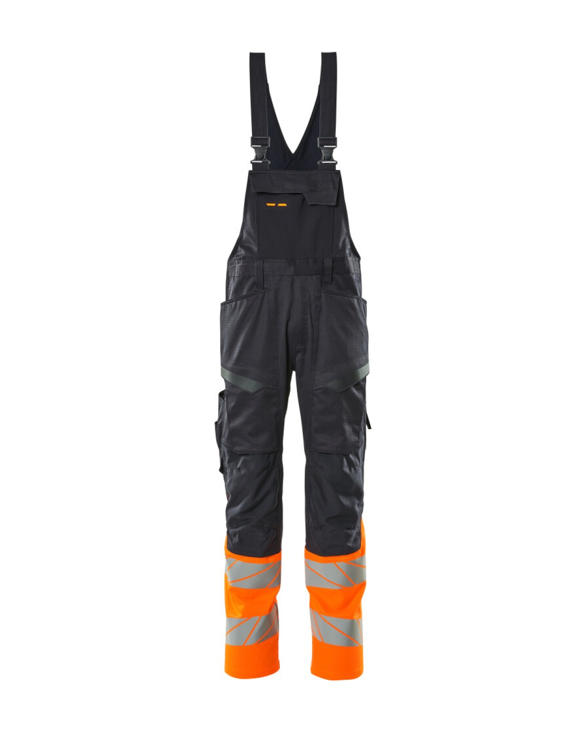 MASCOT Accelerate Safe Latzhose mit Knietaschen in Schwarzblau/Hi-Vis Orange – Vorderansicht