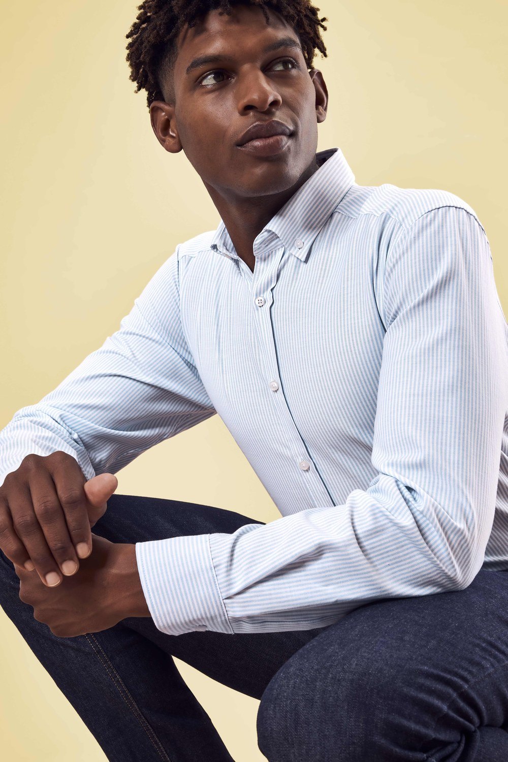 Greiff Herren-Hemd Buttondown 1/1 RF Casual in Blau/Weiß Gestreift – Modellansicht