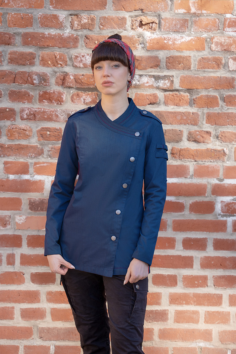 Langarm Damenkochjacke ROCK CHEF®-Stage2 in Stahlblau – Modellansicht
