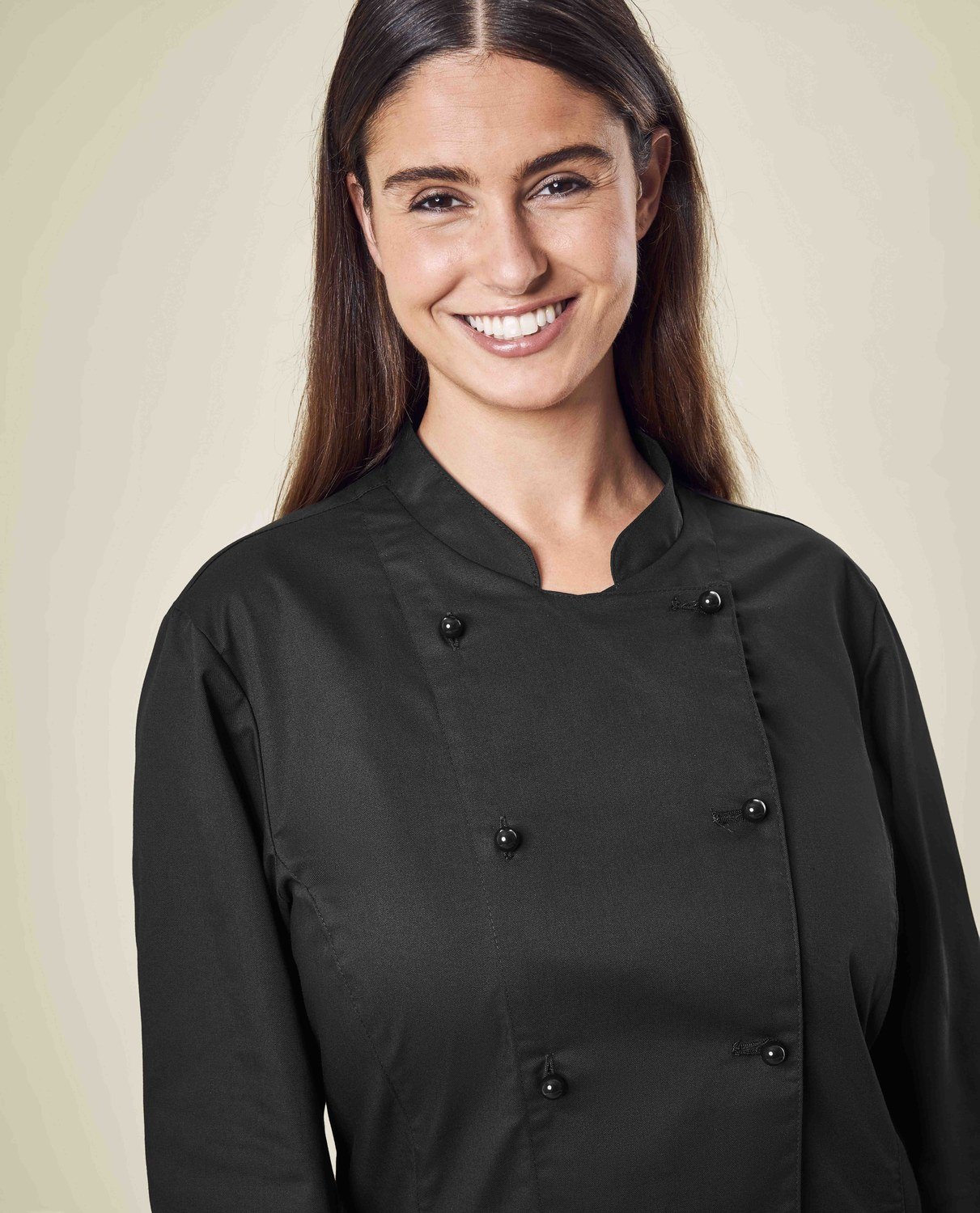 Greiff Damen-Kochjacke RF in Schwarz – Modellansicht