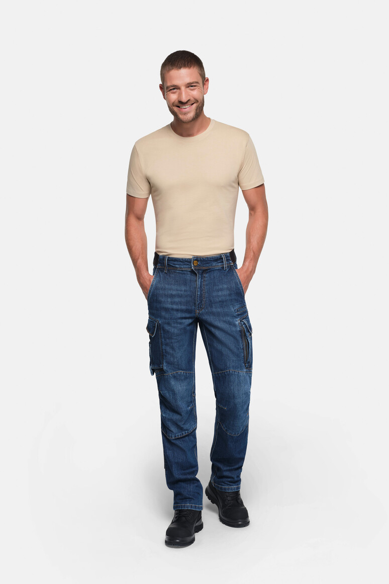 HAKRO Worker-Jeanshose Dyneema® X-Stretch ECO in Indigo – Modellansicht
