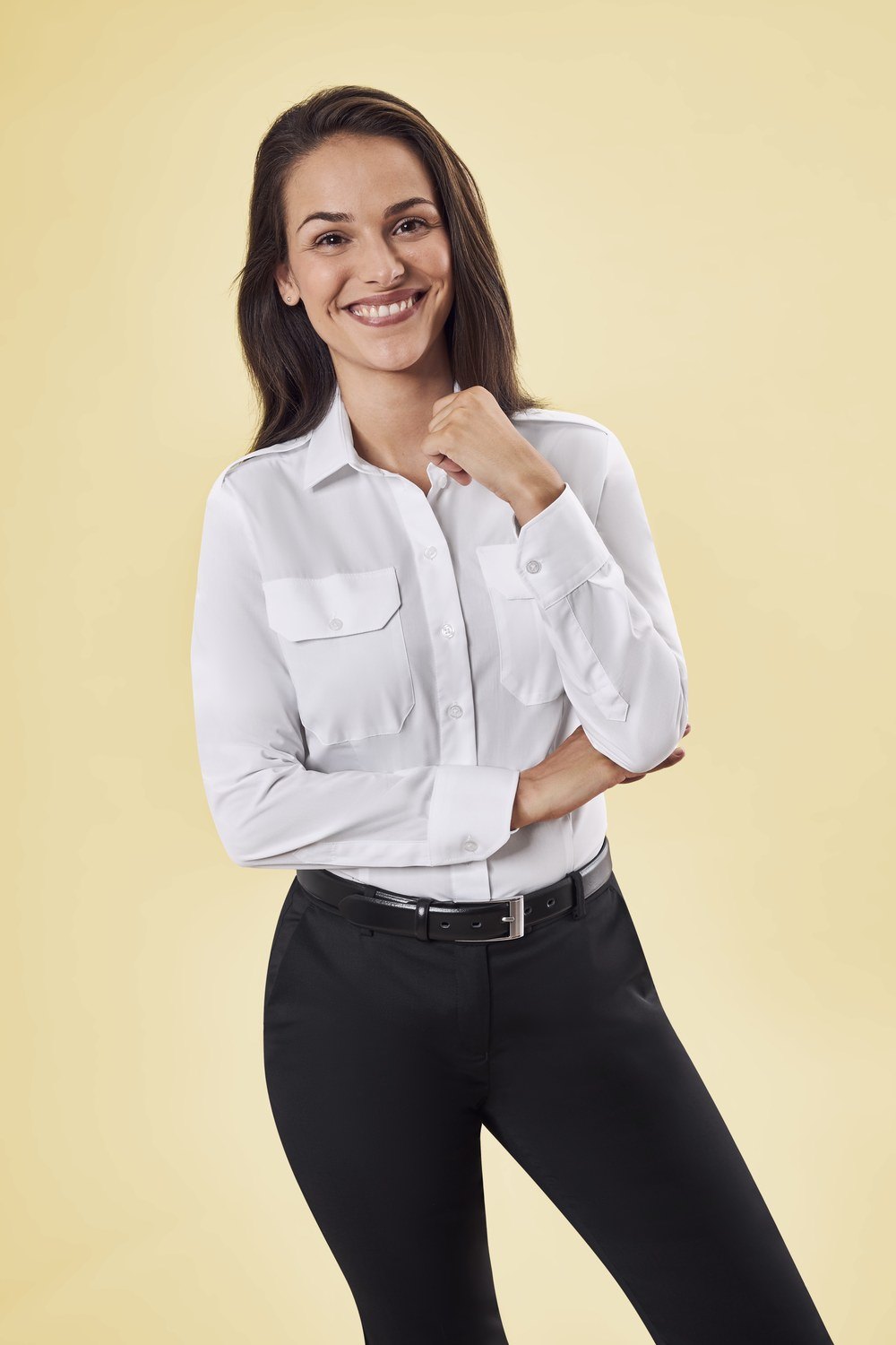 Greiff Damen-Pilotbluse 1/1 RF Simple in Weiß – Modellansicht