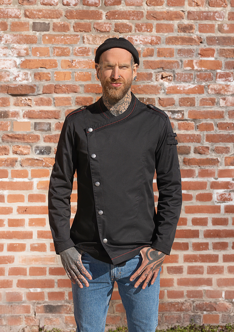 Langarm Herrenkochjacke ROCK CHEF®-Stage2 in Schwarz – Modellansicht