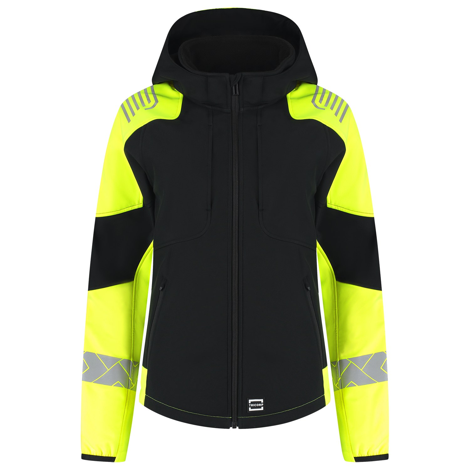 TRICORP Softshelljacke Kapuze Reflective Redefined Damen in Black-Fluoryellow – Vorderansicht