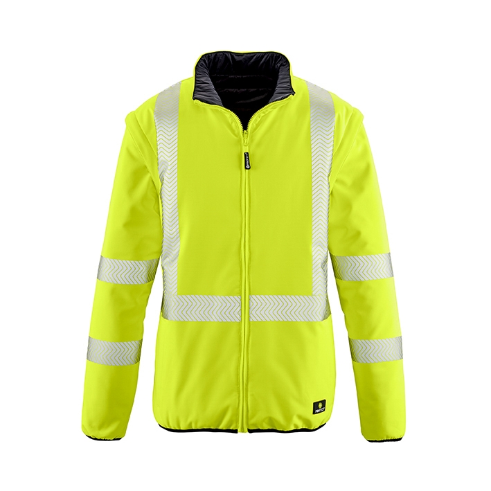 4PROTECT® Warnschutz-Softshellwendejacke RENO in Leuchtgelb/Schwarz – Vorderansicht
