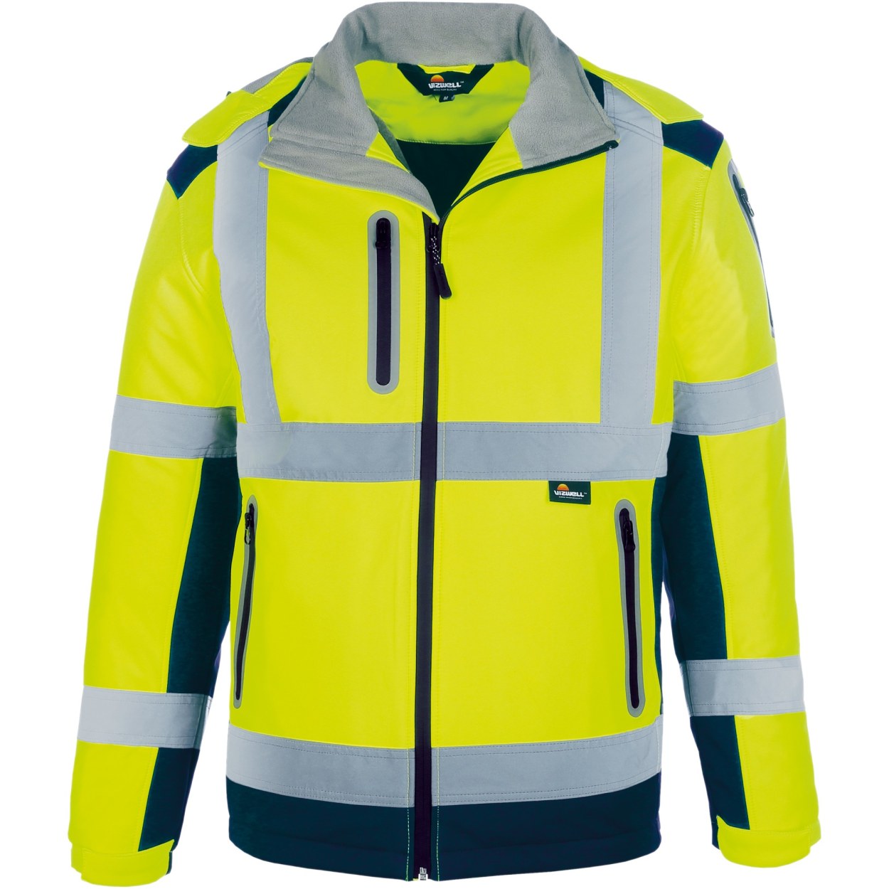 Vizwell Warnschutz-Winter-Softshelljacke VW177P in Leuchtgelb-Marine – Vorderansicht