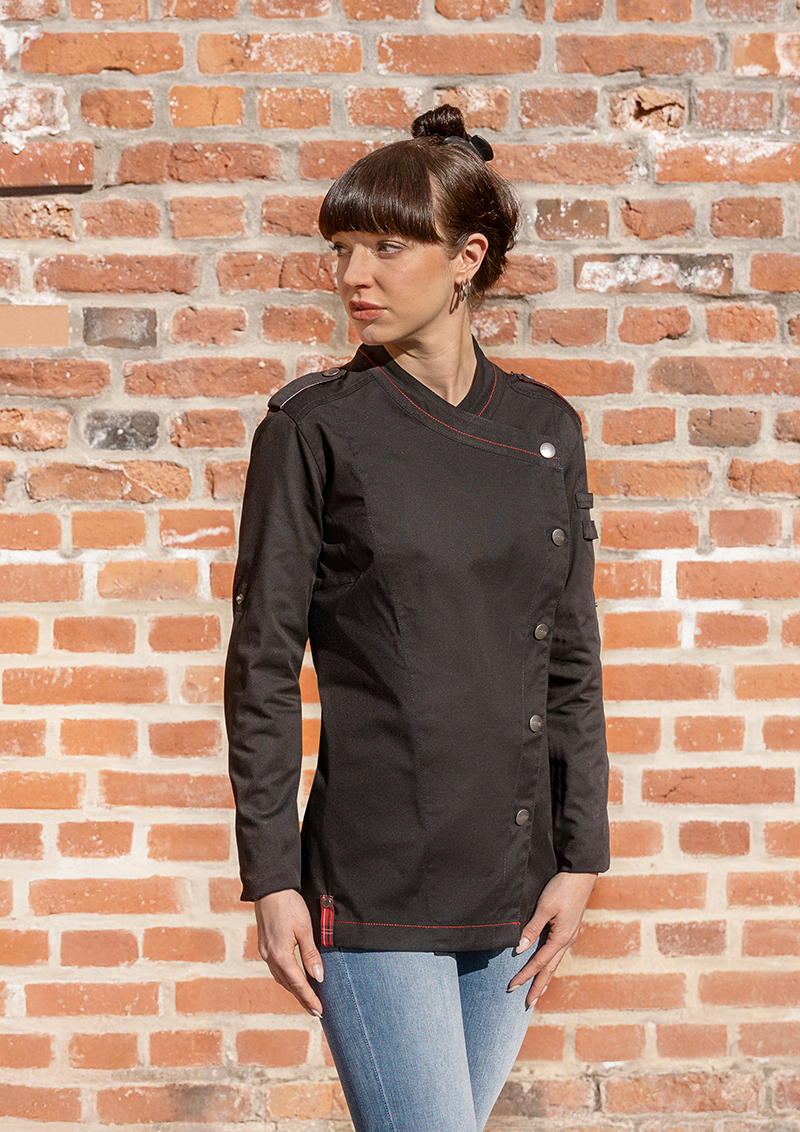 Langarm Damenkochjacke ROCK CHEF®-Stage2 in Schwarz – Modellansicht