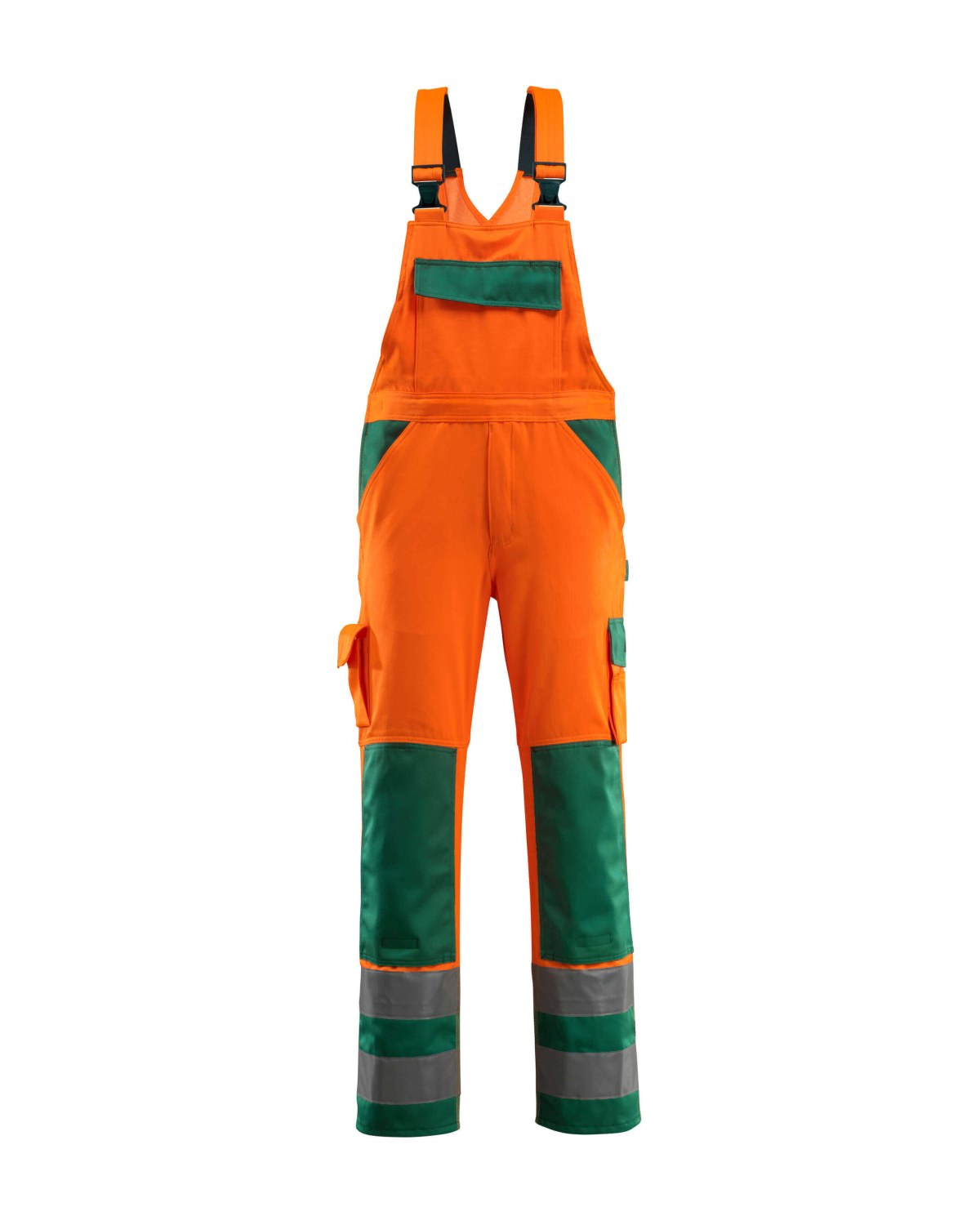 MASCOT Barras Latzhose mit Knietaschen in Hi-Vis Orange/Grün – Vorderansicht