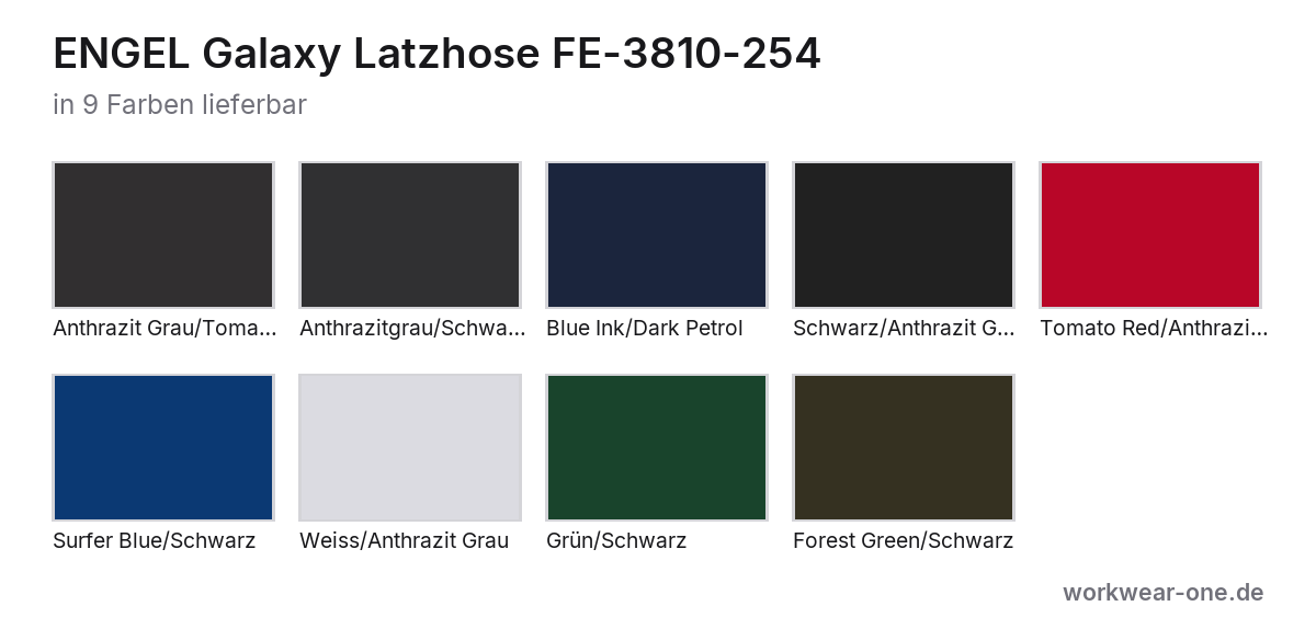 ENGEL Galaxy Latzhose – Farbübersicht mit 9 Farben